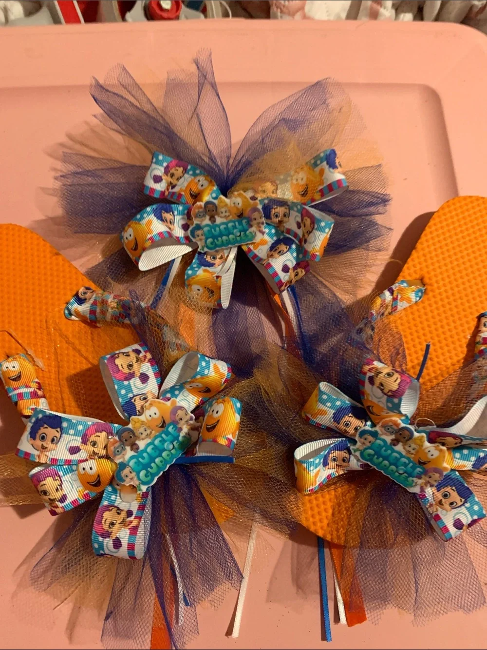 Girls Orange and Purple Character Flip Flops with Matching Headband